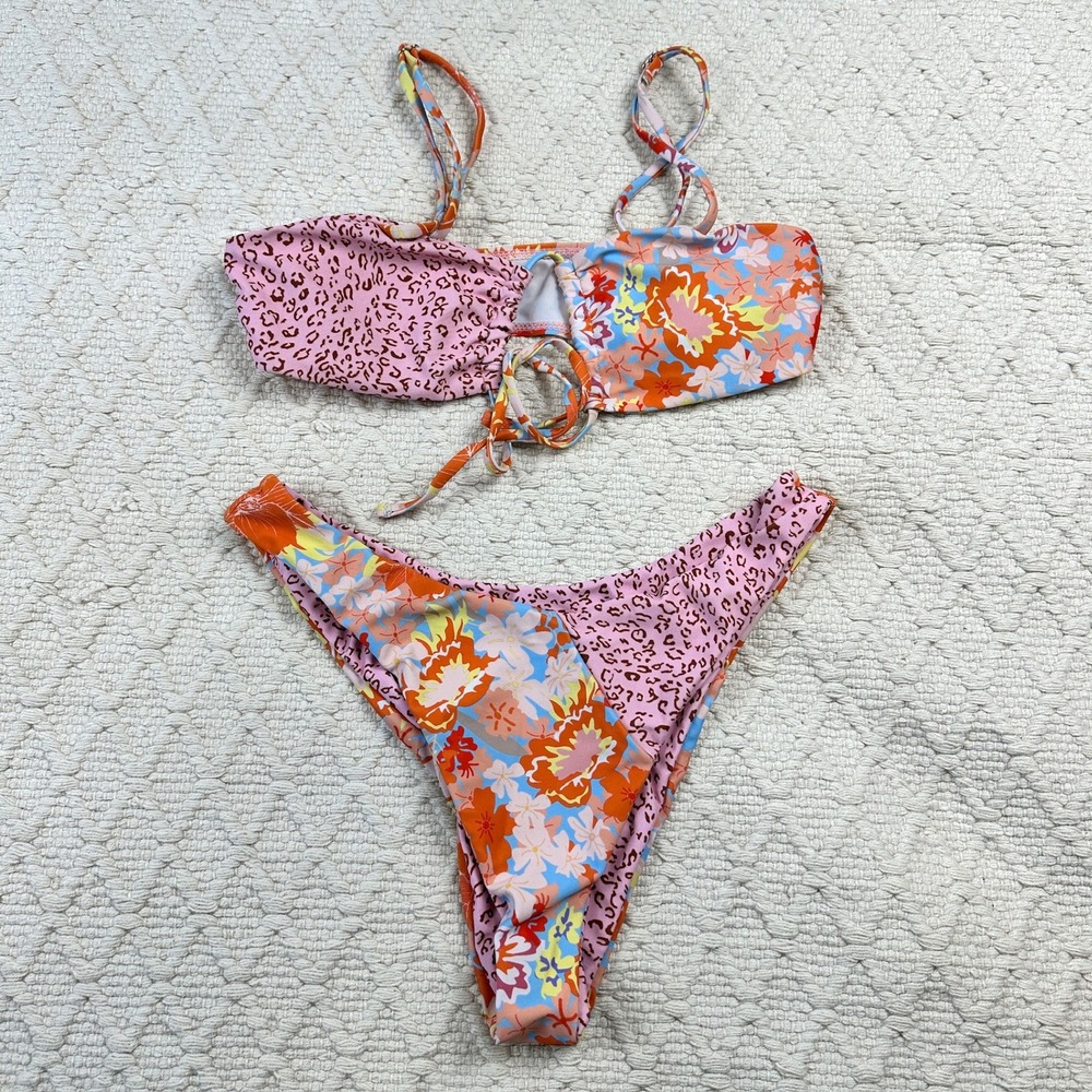Floral Leopard Print Reversible Bikini Set Pink Orange Two Piece Swimsuit